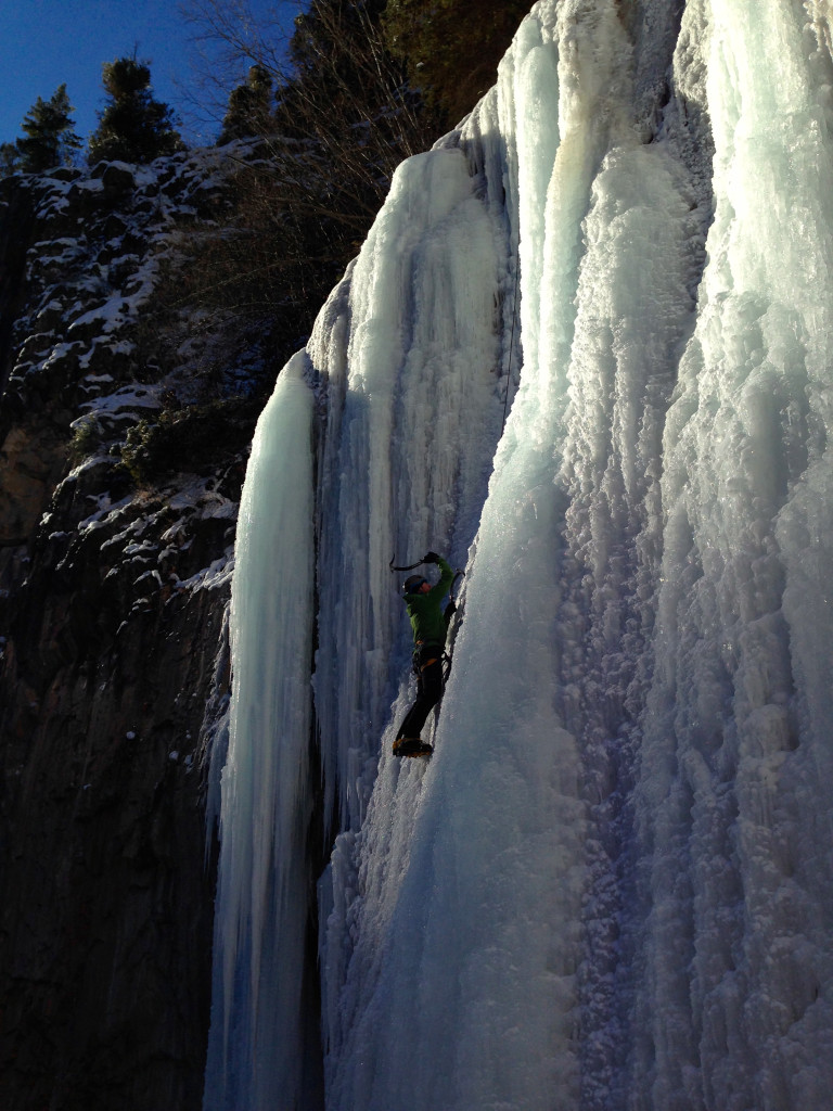 Ice climbing on the left side of the Final Curtain in Rifle Mountain Park, CO.